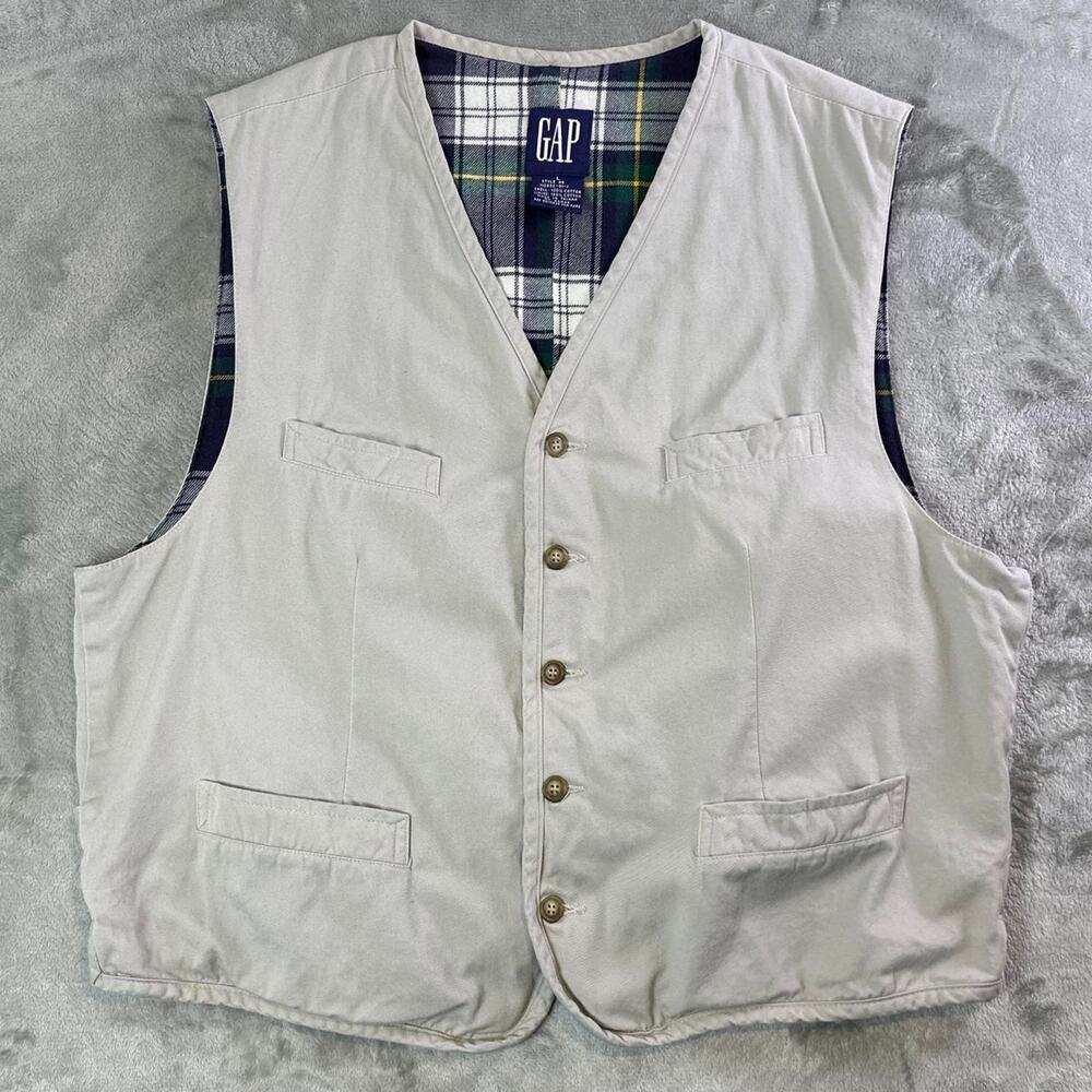 Vintage GAP Utility Vest Plaid Lined Beige Cotton Button Up 90s Size Large